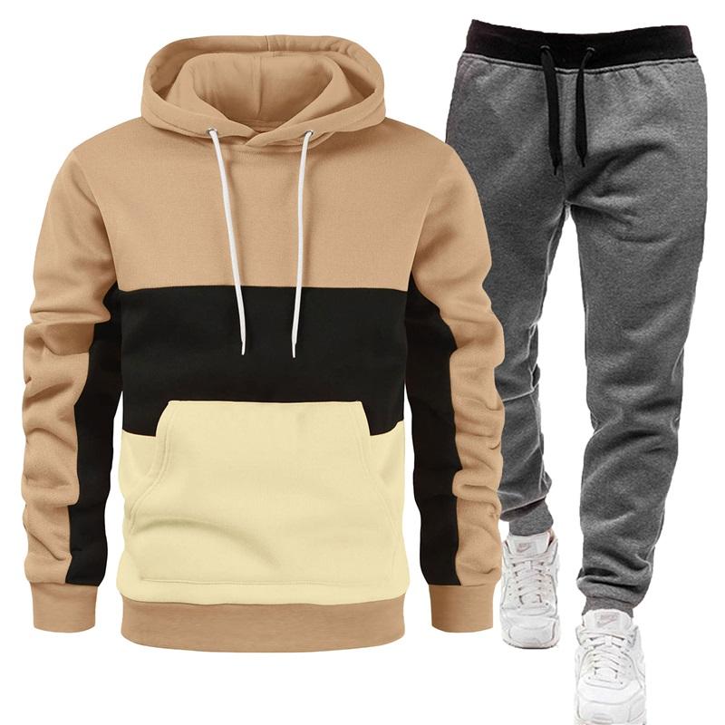 Men's Color Block Hoodie & Sweatpants Set Casual 2PCS Tracksuit, Drawstring Sportswear Outfit