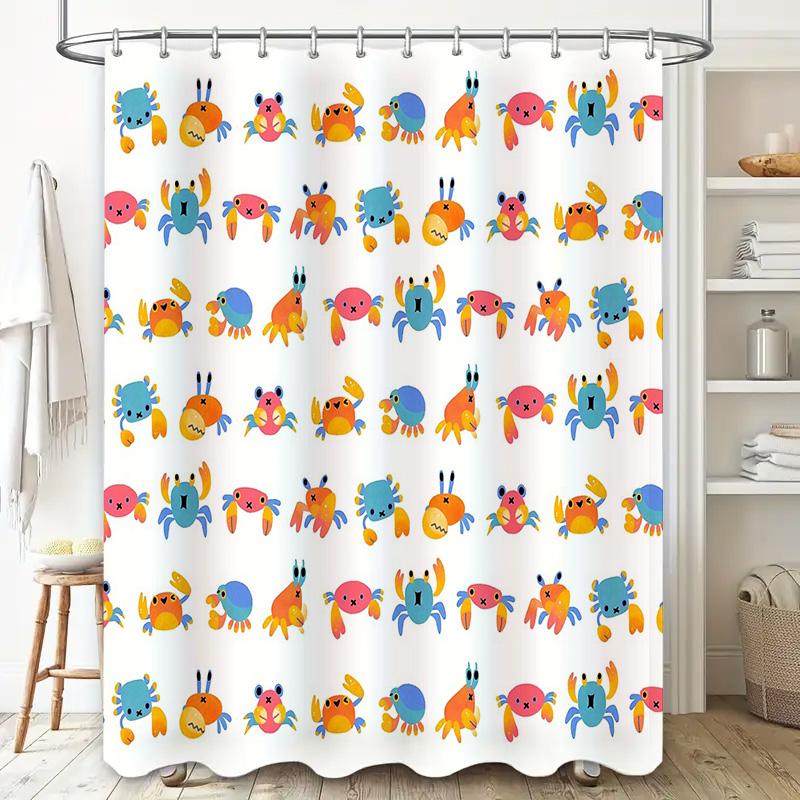 Cute Crab Ocean Shower Curtain Sea Animal Bathroom Decor Waterproof Fabric Liner Set For Kids Room