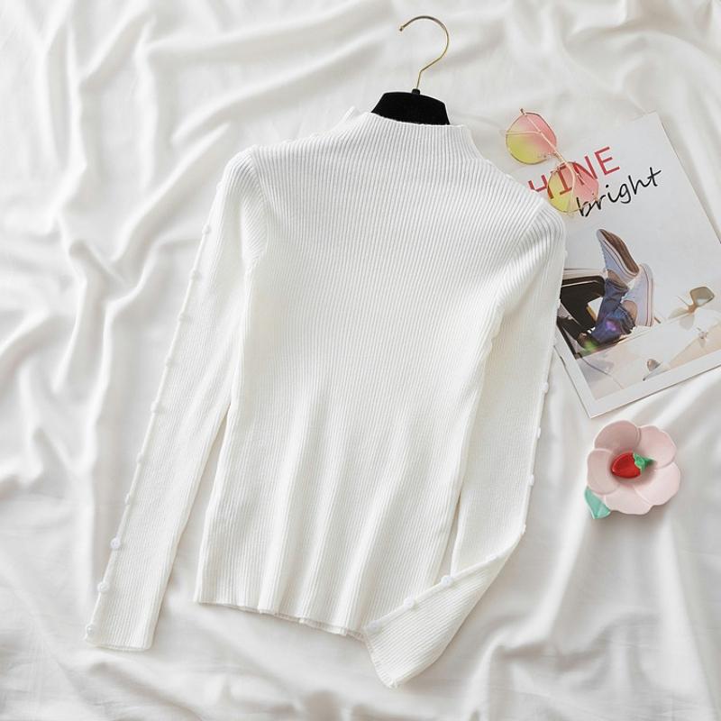 Autumn Winter Casual Slim Warm Base Women's Knitted Sweaters Half High Collar Buttons Pullovers Sweater Woman Fashion Thin Long Sleeve Jumper 25481
