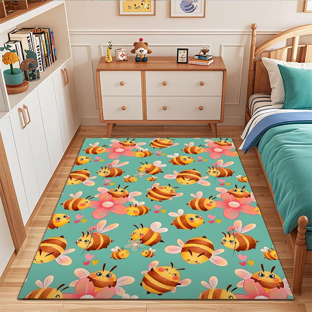Cute Bees and Flowers Pattern Patterned carpet, suitable as a non slip play mat for the living room and bedroom sofa