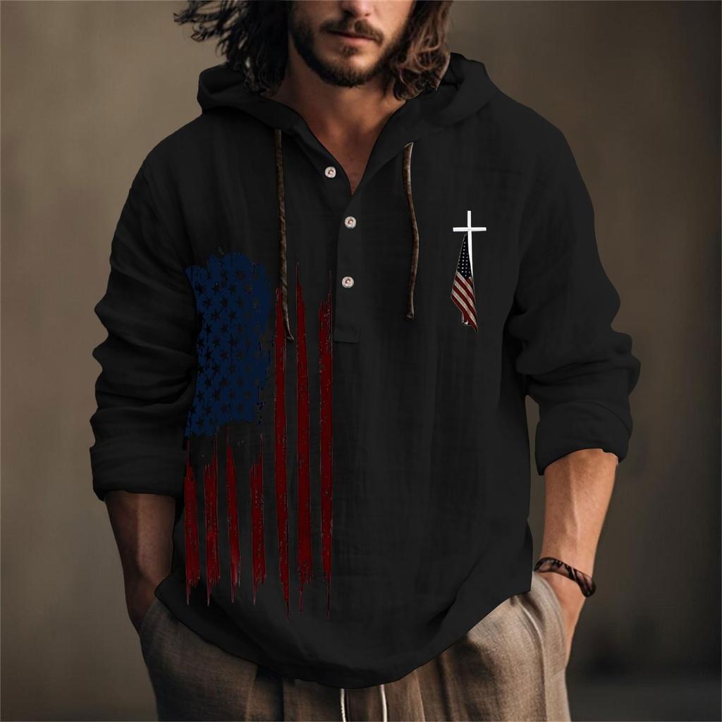 Independence Day Printed Men's Cotton And Linen Shirt Hooded Long-sleeved Hooded Spring And Summer Casual Daily Wear