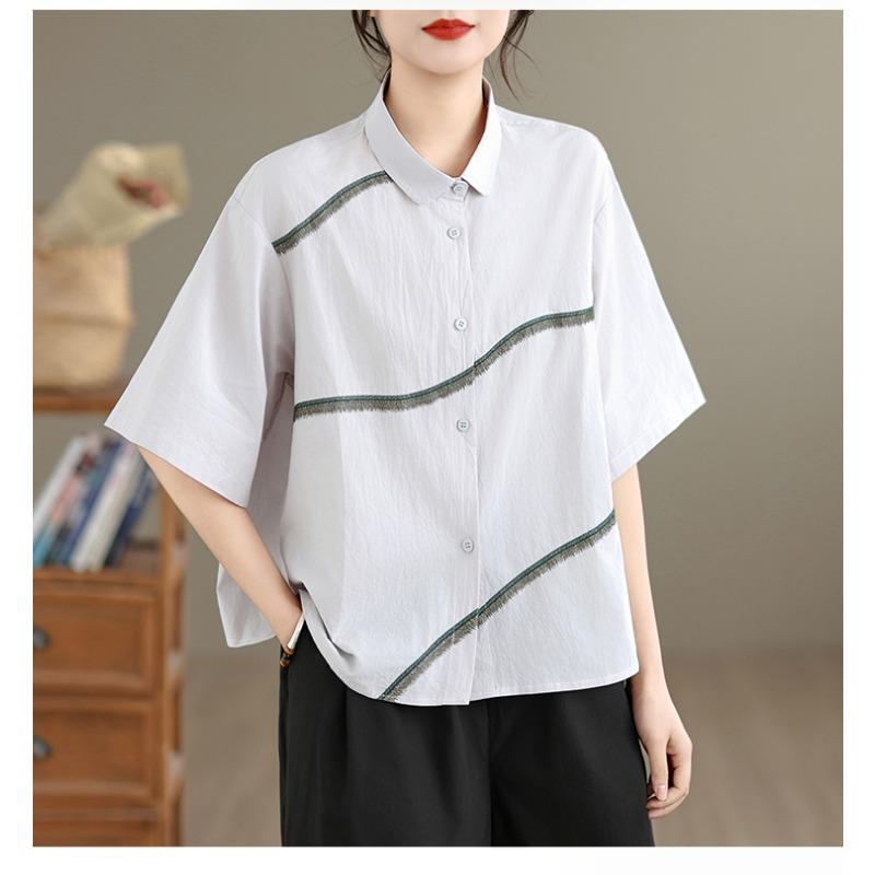 DIMANAF 2026 Women Plus Size New Summer Blouse Shirt Short Sleeve Casual Loose Lady Tops Shirts Embroidery Cotton