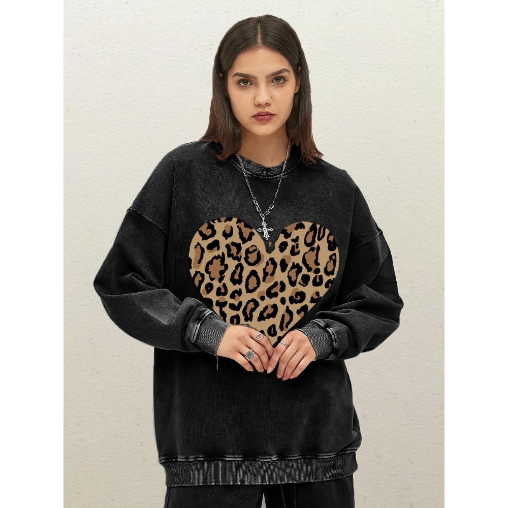 

Простой женский свитшот с леопардовым принтом в виде сердца, осенний, хлопковый, спортивная одежда, повседневный, женский, уличная одежда, свободная одежда 3XL
