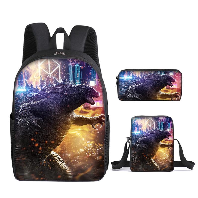 2021 Godzilla Wars King Kong School Bag Three-Piece Combination Set Primary And Secondary School Students Printed Backpack Cartoon School Bag