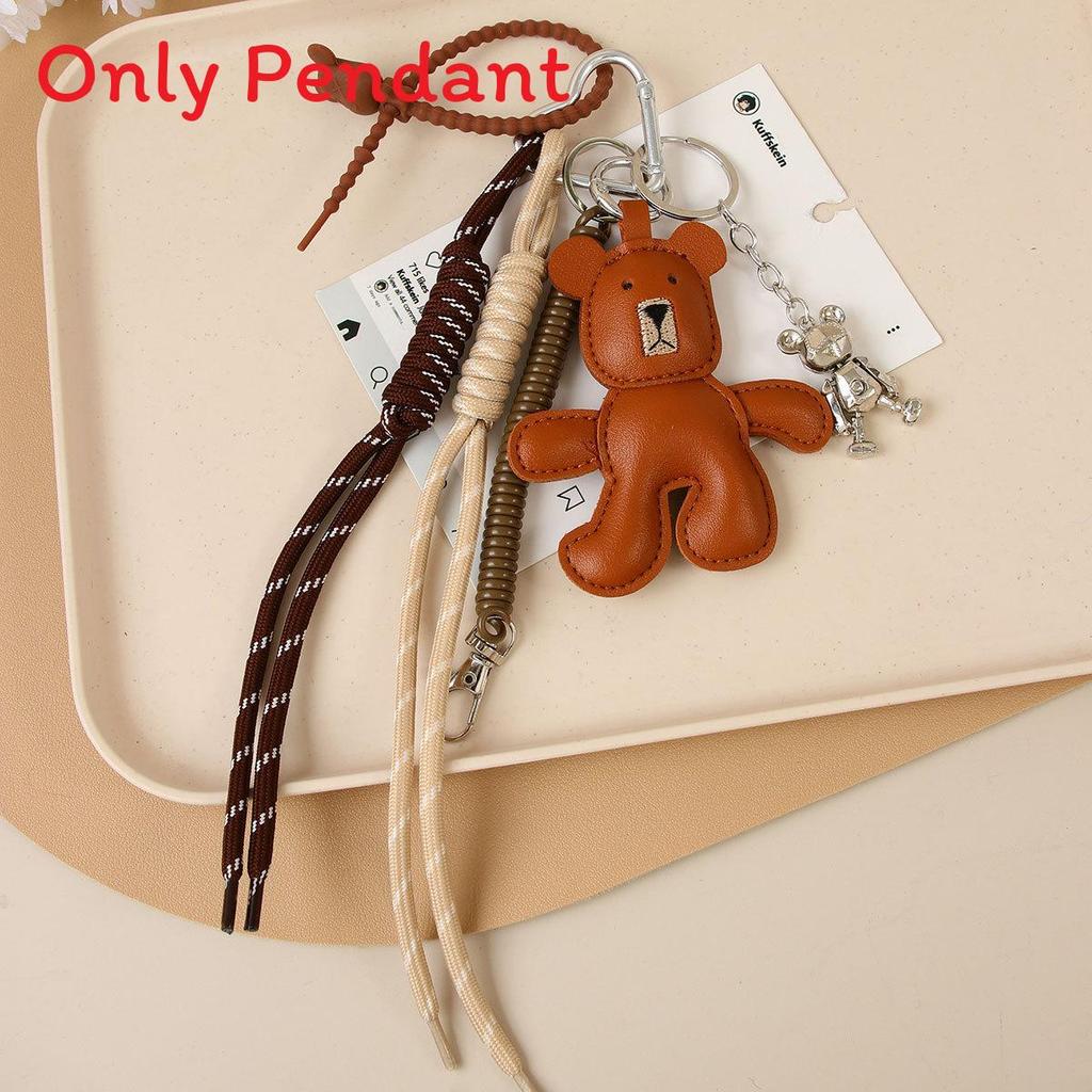 Leather Brown Bear Keychain With Articulated Limbs And Geometric Design For Fashion Accessories
