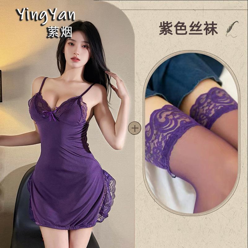 European and American erotic underwear high-end large size sexy female mood split lace suspender nightdress qqny pure desire wind
