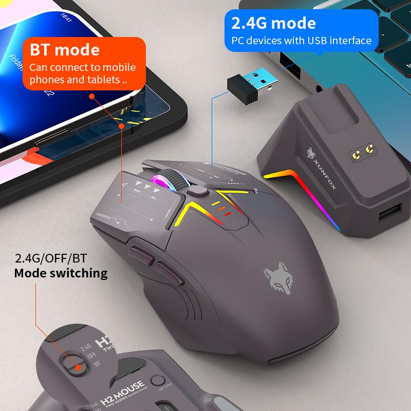 H2 Wireless Bluetooth Dual-mode Mouse RGB Lighting Effect Laptop Gaming Office Magnetic Charging RGB Lighting
