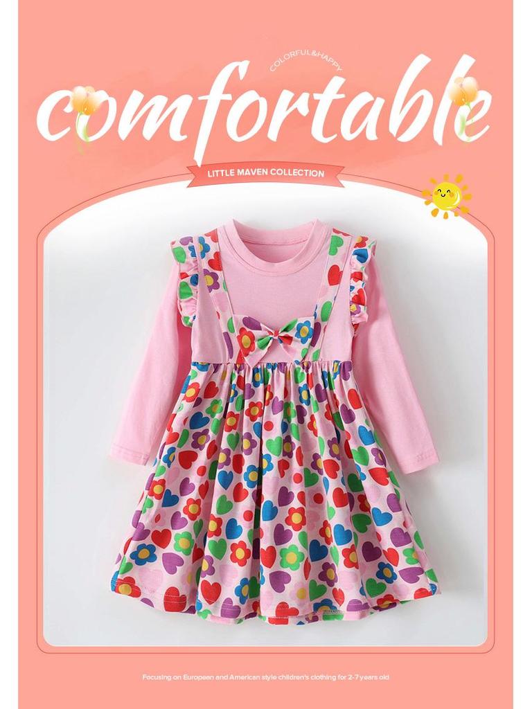 New Autumn European & American Style Girls' Floral Bow Long-Sleeve Princess Dress