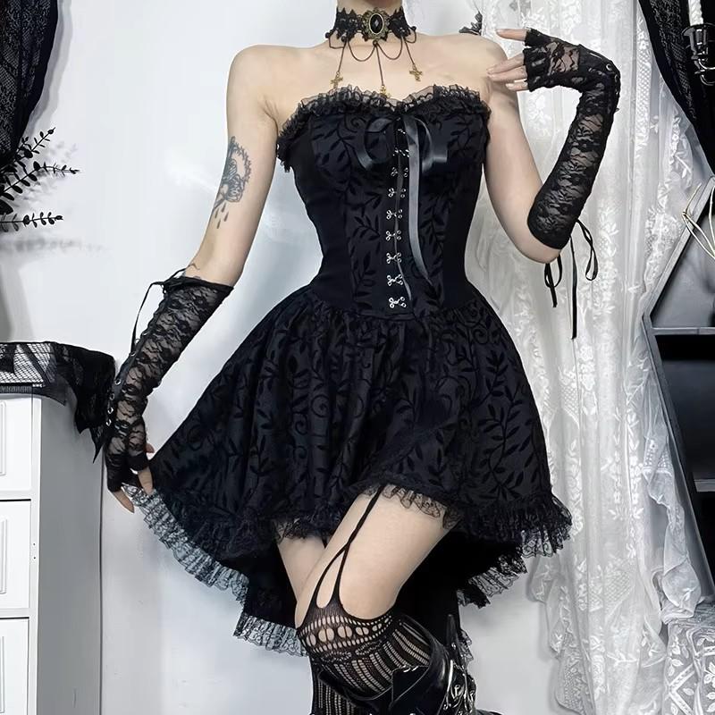 Gothic Goth Dark Lace Patchwork Bandage Strapless Corset Dress Party Gown Fairy Backless Tailed Women