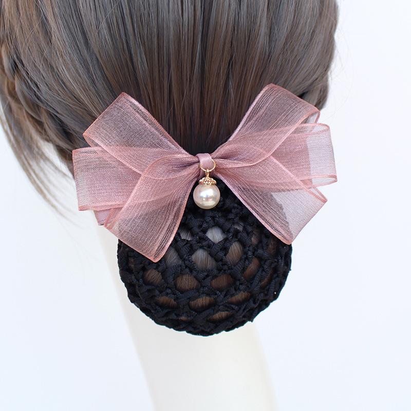 Vocational Nurse Head Flower Mesh Pocket Hairpin Silk Yarn Pearl Pendant Bow Stewardess Bank Disc Hair