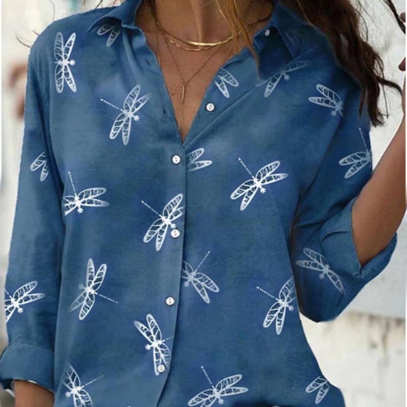 

Женская модная облегающая рубашка с длинными рукавами и принтом стрекозы S синий