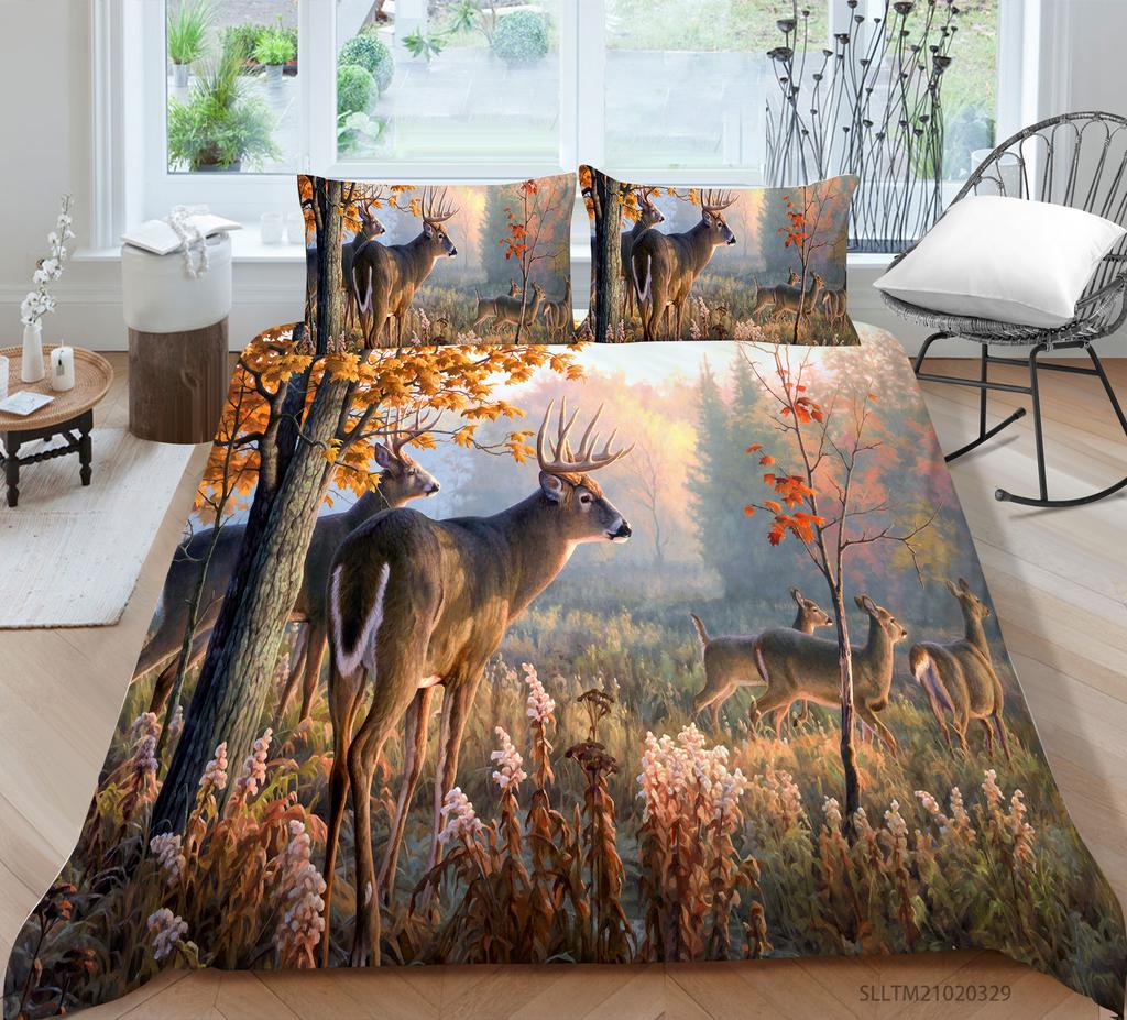 Bettwäsche mit Tiermuster, Einzelbett, Doppelbett, Full-Size-Kissenbezug mit Hirschmotiv und Bettbezug, 2 oder 3 Stück, waschbar, bequeme Heimdekoration