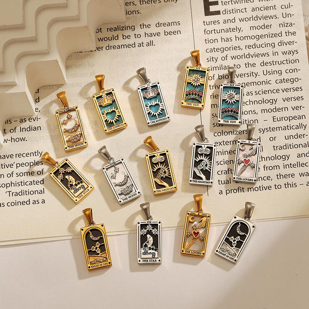 18k Gold Electroplated Stainless Steel Tarot Card Pendant - European & American Style, High-End Waterproof Design for Women
