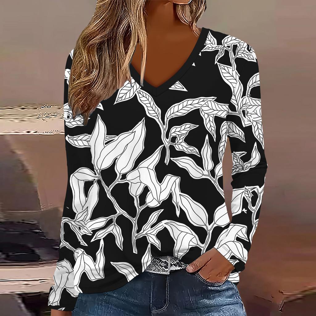 Übergröße Europäische und Amerikanische Mode 2025 Damen Elegantes V-Ausschnitt Langarm T-Shirt