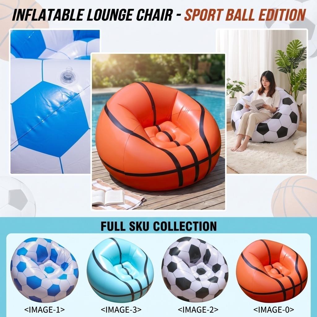 Inflatable Bag Chair with Sports Ball Pattern - Soccer Basketball Lounger for Beach Pool Yard, Portable Indoor Outdoor Relaxing