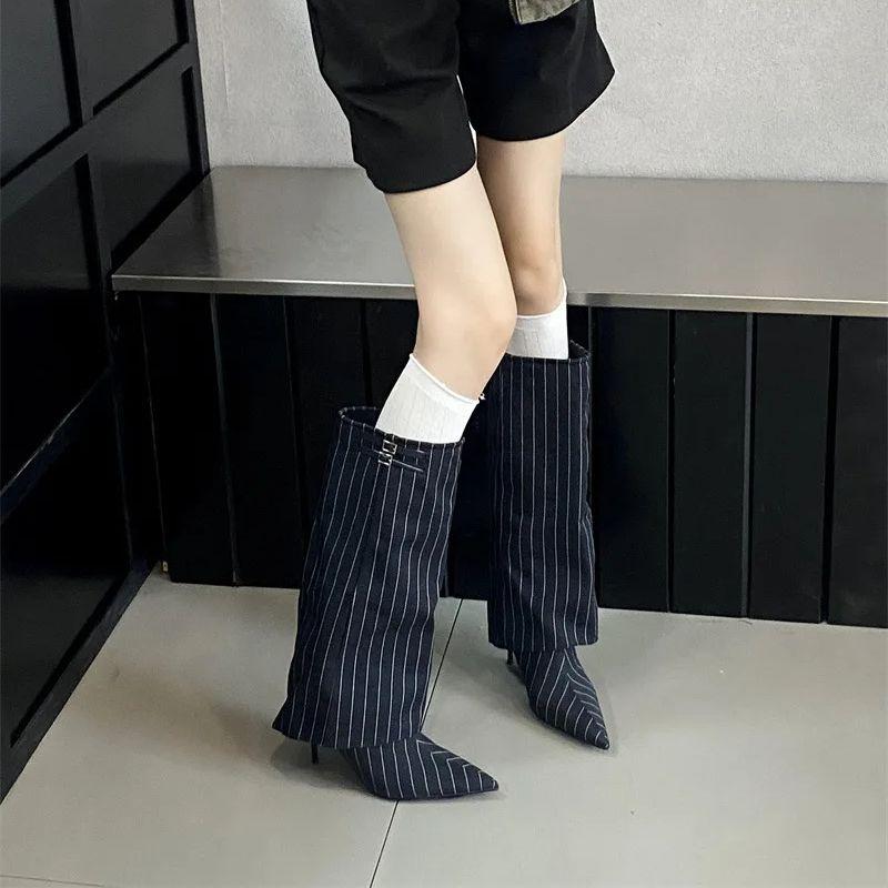 Fashion IPPEUM Women Knee High Boots Thin Heel Denim Point Toe Winter Retro Shoes Botas Mujer
