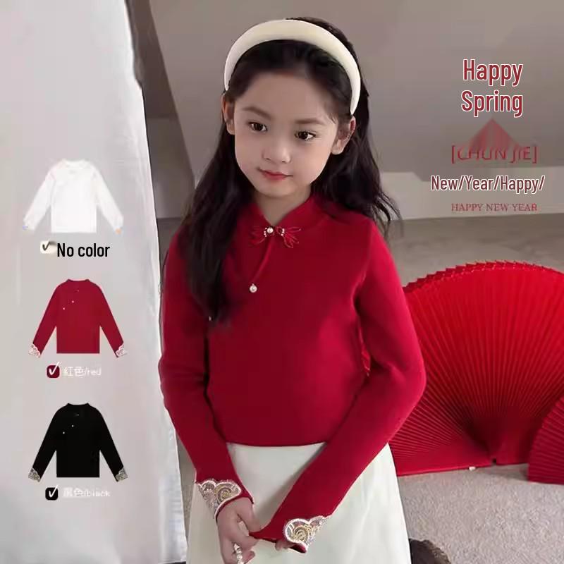 Girls' Chinese Style Red Qipao Collar Sweater for Winter and New Year