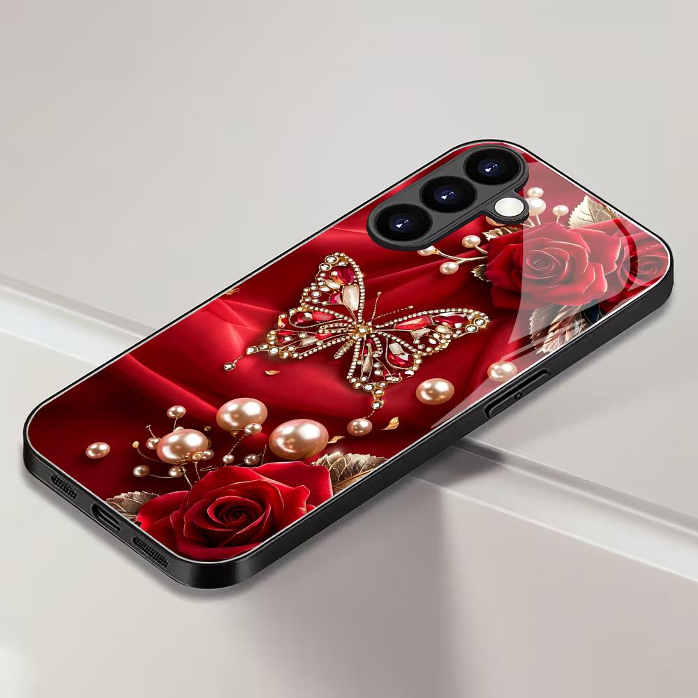 Butterfly Rose Black Glass Phone Case Suitable for Samsung Galaxy S26 S25 S24 S23 S22 S20 FE/Ultra/Plus Anti Drop Back Cover
