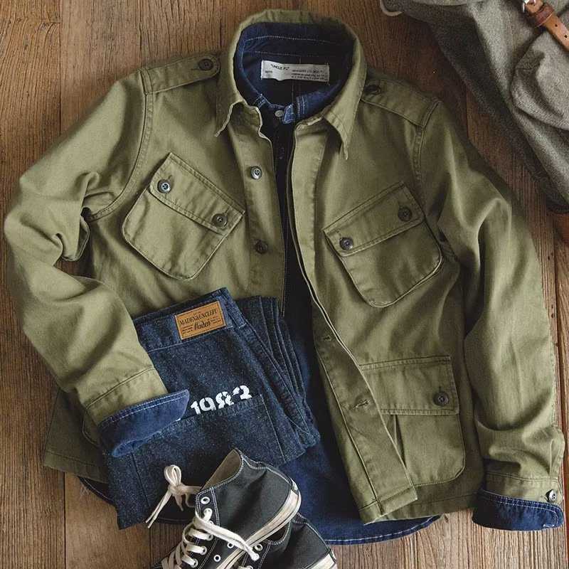 Chaqueta de trabajo lavada de peso pesado estilo militar retro estadounidense para hombre, chaqueta informal con múltiples bolsillos a la moda para otoño