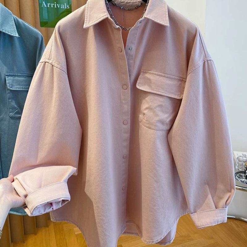 Old pink denim shirt women's 1116 spring and autumn new loose silhouette large version fat MM shirt jacket top