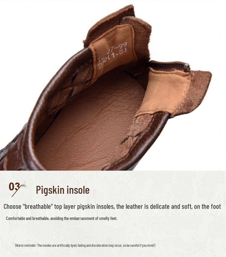 Women's Retro Handmade Genuine Leather Platform Ankle Boots - 2025 Design, Knitted Thick Sole, First Layer Cowhide Cotton Boots