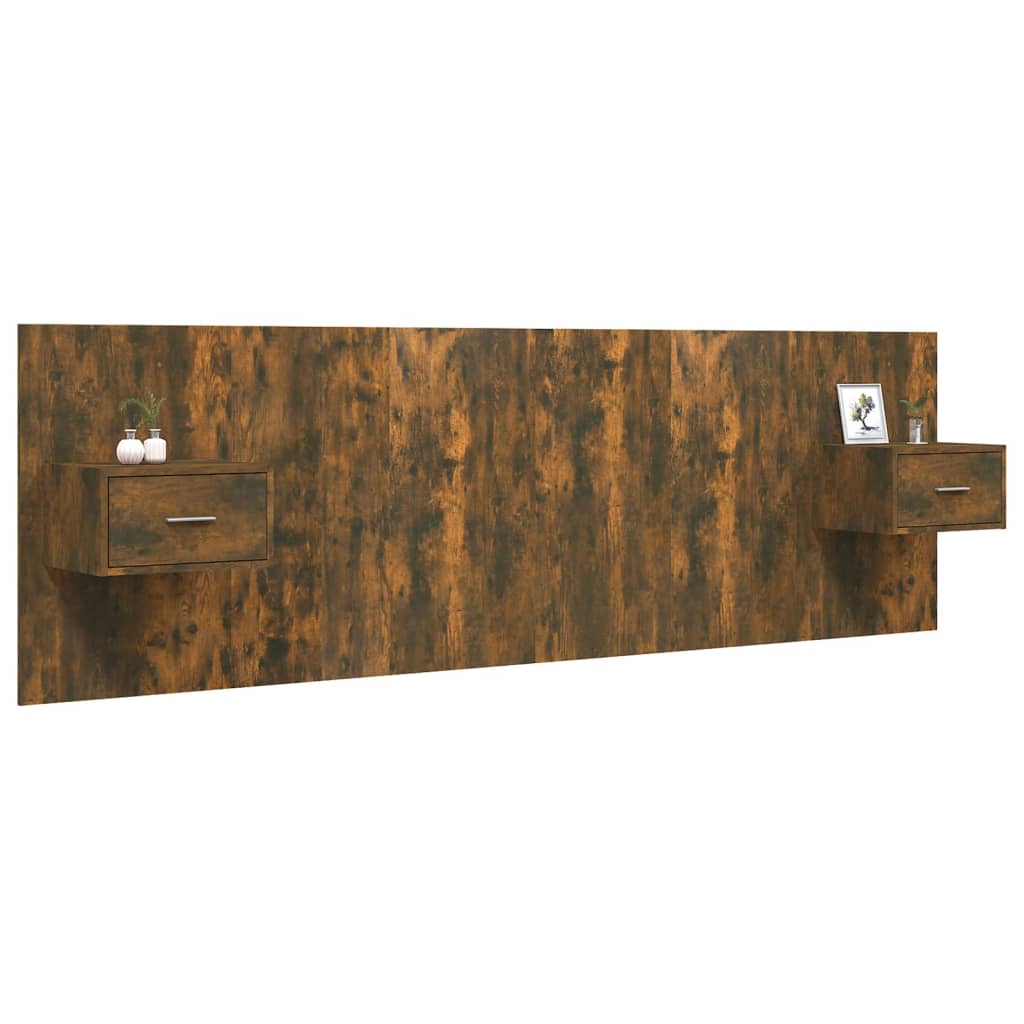 Bed Headboard with Nightstands Smoked Oak Wood Based Material