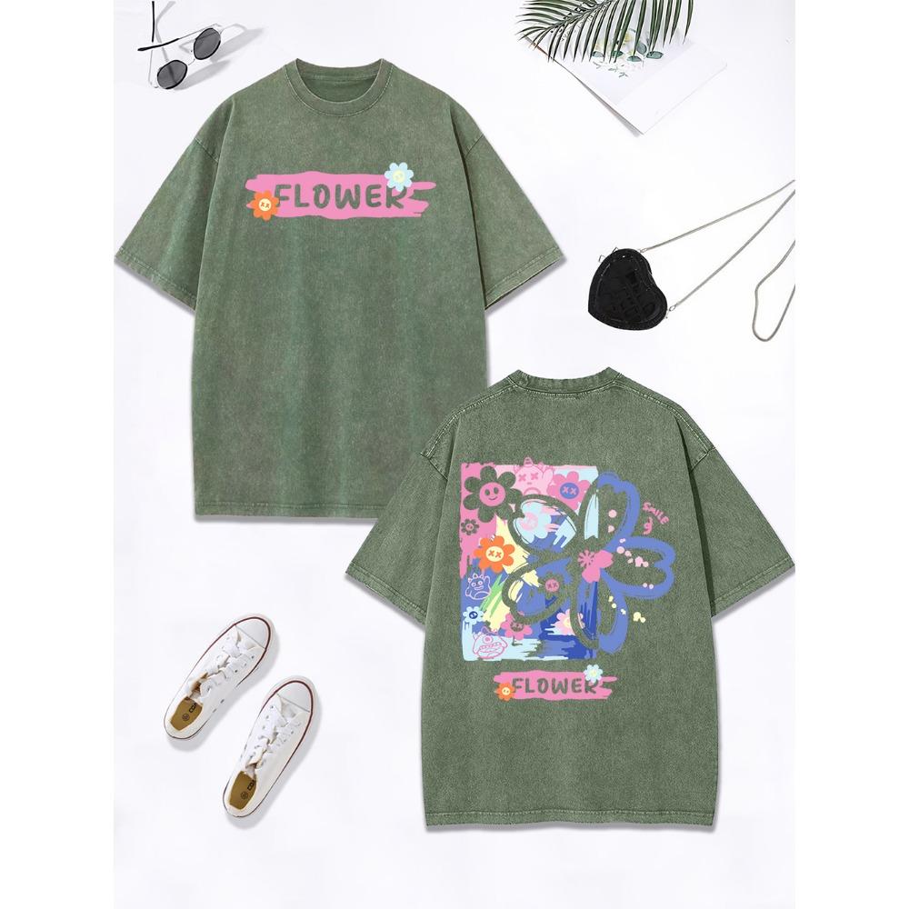 Flower Creative Graffiti Prints Washed T-Shirt Women Cotton Oversized Tops Comfortable Distressed O-Neck T Shirt  Clothes