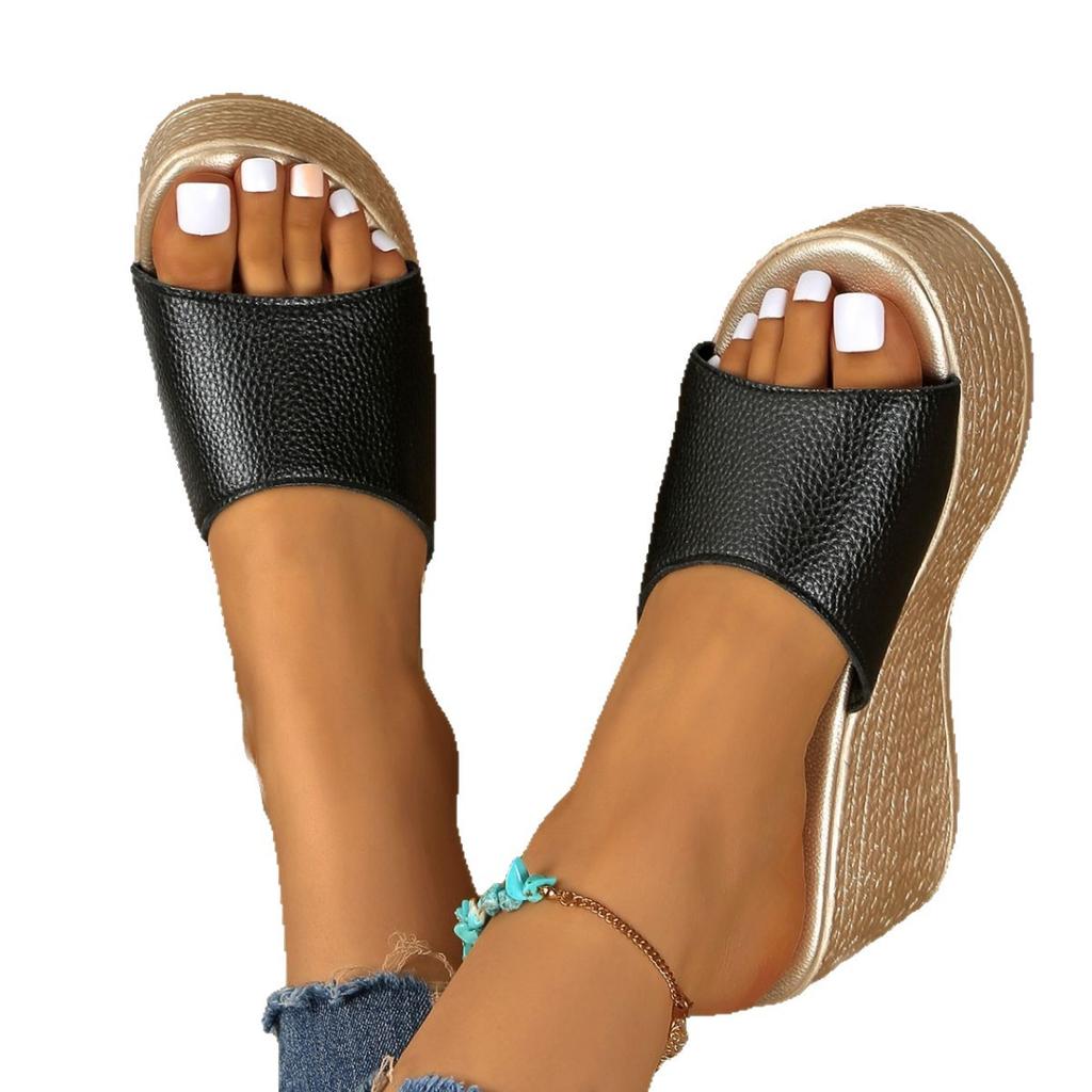 2025 lato nowe muffiny i sandały koturnowe gruba podeszwa odkryte palce lekkie proste casualowe duży rozmiar kapcie na wysokim obcasie kobiety