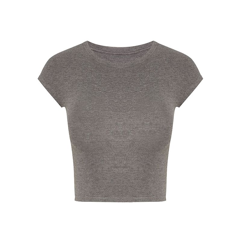 American Style Sexy Pure Desire Style round Neck Shoulder Short Sleeve T-shirt Female Summer Apricot Silm Slim Looking Short Midriff-Baring Top