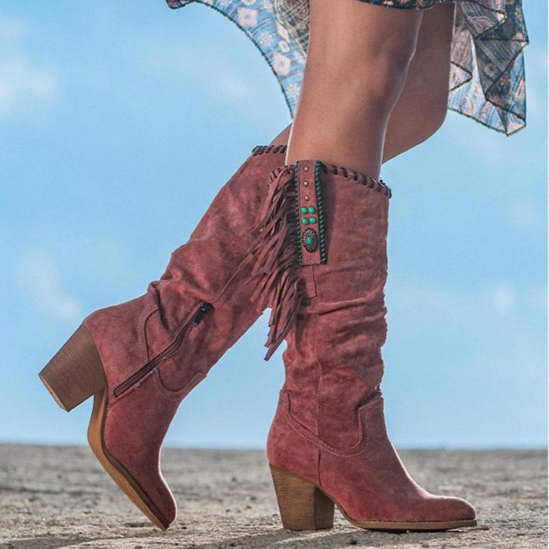 Fashion Retro Women's Boots Tassle Western Cowboy Boots New Metal Buckle Pointed Toe High Boots Suede Thick Heel Women Shoes Botas Mujer