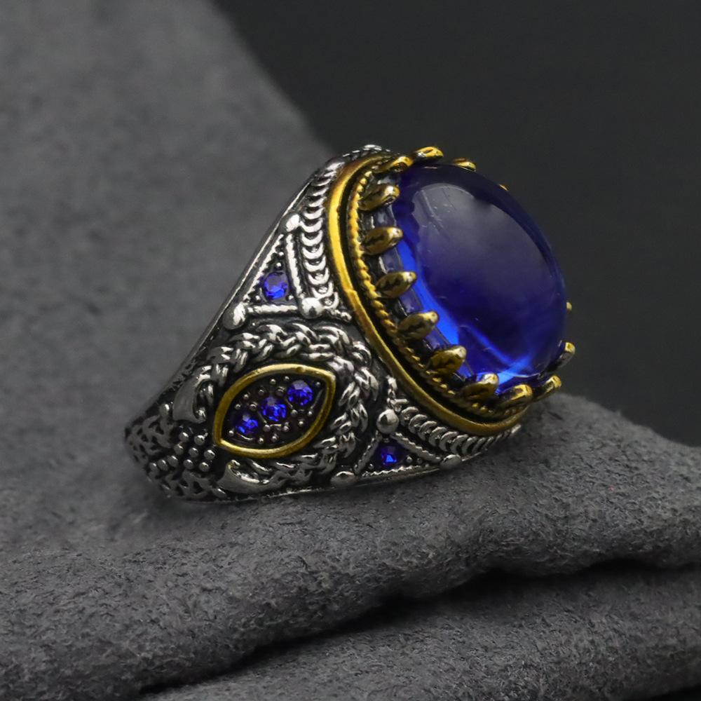 Retro Hemp Rope Braided Pattern Sapphire Men's Punk Fashion Two-color Ring