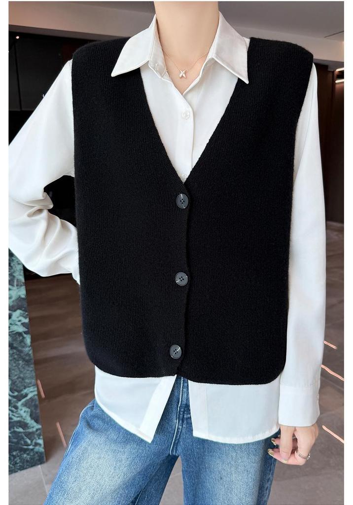 Women's Petite 100% Wool Knit Cropped Vest Cardigan - Autumn/Winter Style, Single-Breasted