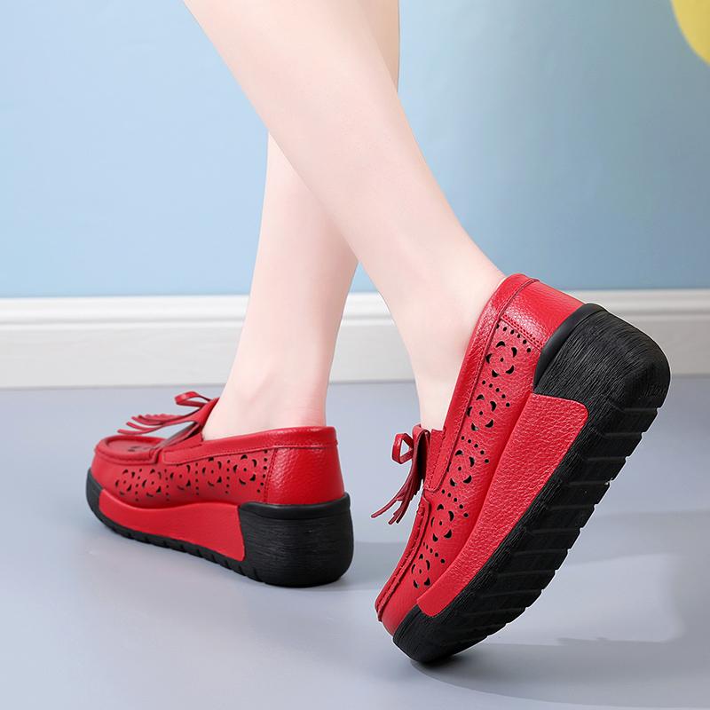 Damen Plateau-Loafer mit dicker Sohle, zum Reinschlüpfen, lässig, für den Sommer, höhere Körpergröße, gelbe Lederschuhe, hohl, atmungsaktiv, Schuhe für die Mutter