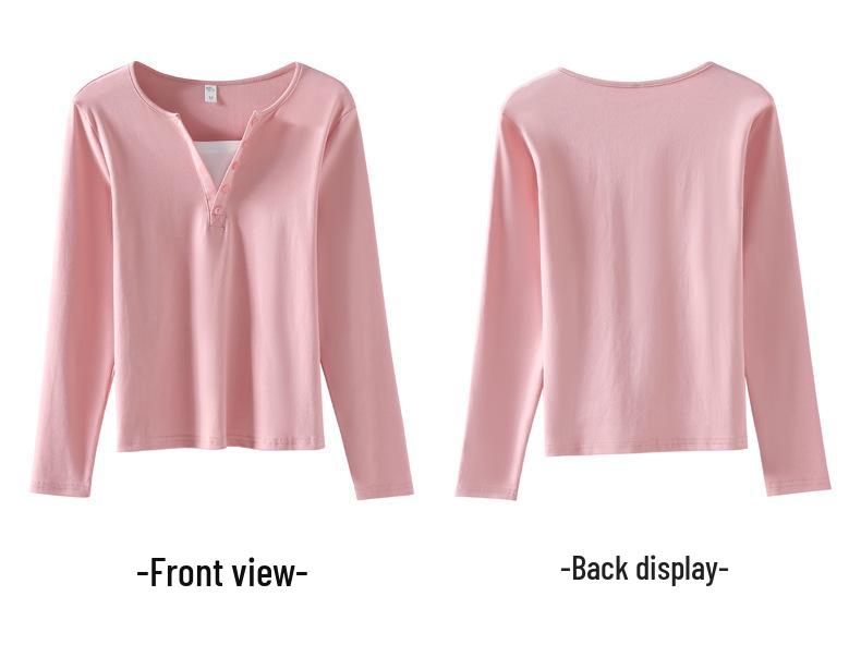 Korean Style Slim Fit V-neck Color Block Patchwork Long Sleeve T-shirt - Cotton Base Layer