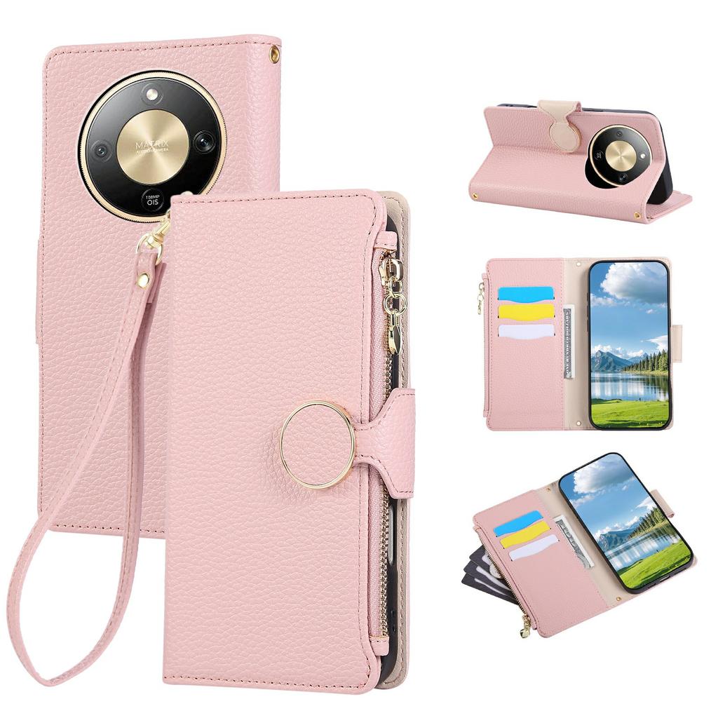 Phone Case For Honor Magic8 Lite 5G / X9d 5G / X70 5G Zipper Wallet Leather Phone Cover with Wrist Strap