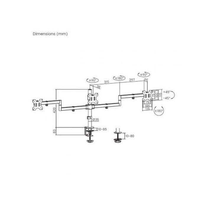 Soporte de mesa AISENS DT27TSR-281 para 3 monitores acero VESA 100x100 10kg por brazo