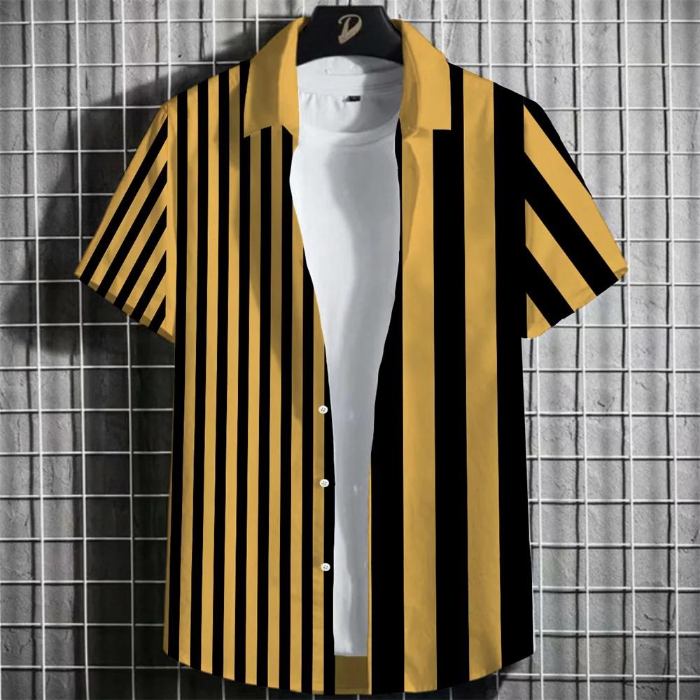 Spring Summer Men Clothes Short Sleeve Stripe Shirt 3D Digital Print Casual Tops