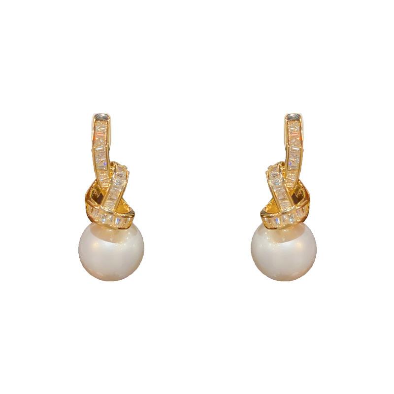 Micro Inlaid Zircon Knotted Pearl Drop Earrings Fashion Elegant Jewelry For Women