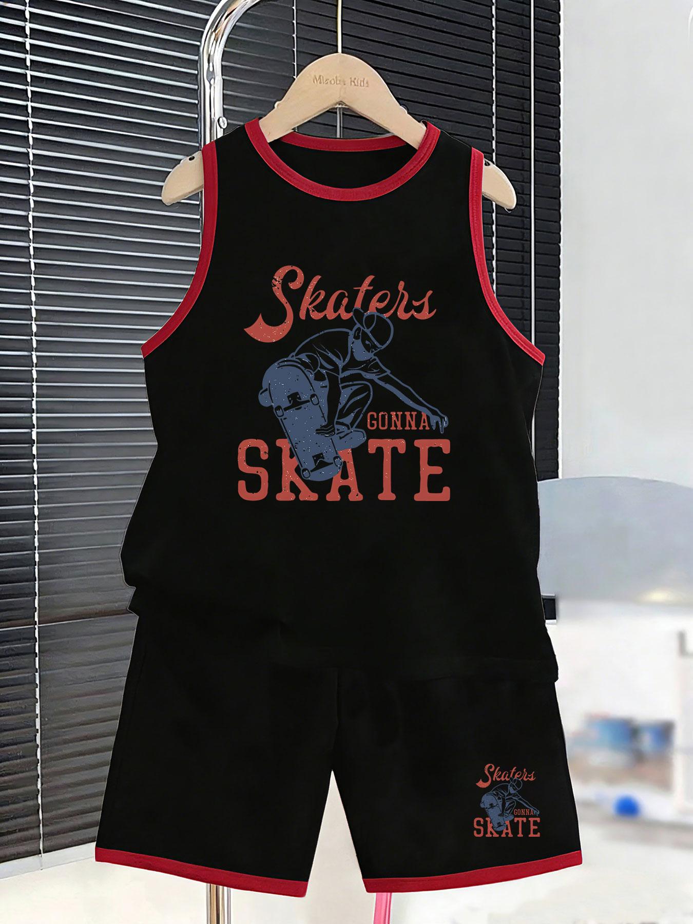 

Boys retro skater boy graphic short set. Classic street skate style, breathable matching outfit for sports and daily wear. 2-3Y чёрный