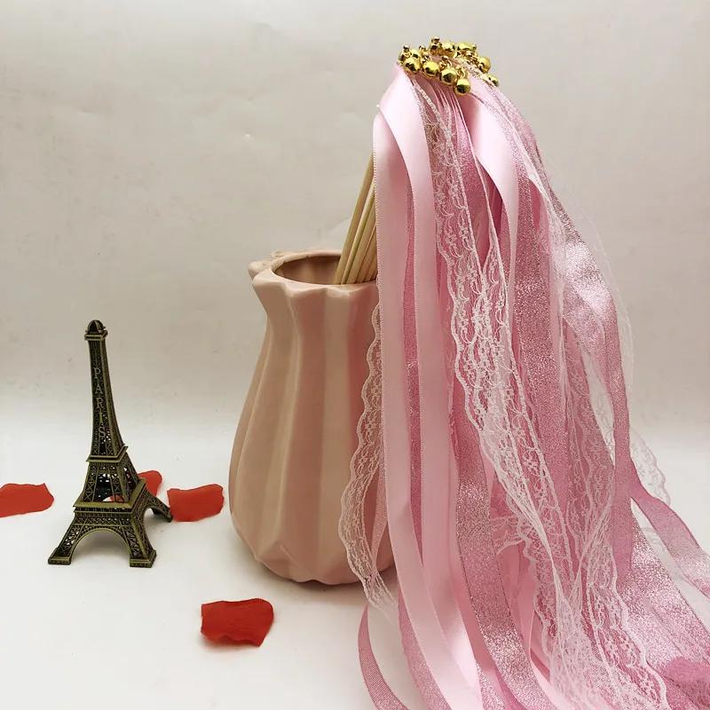 50pcs Satin Ribbon Wedding Wands Fairy Sticks With Gold Bell Pink Purple For Lawn Wedding Party Shower Decor Twirling Streamers