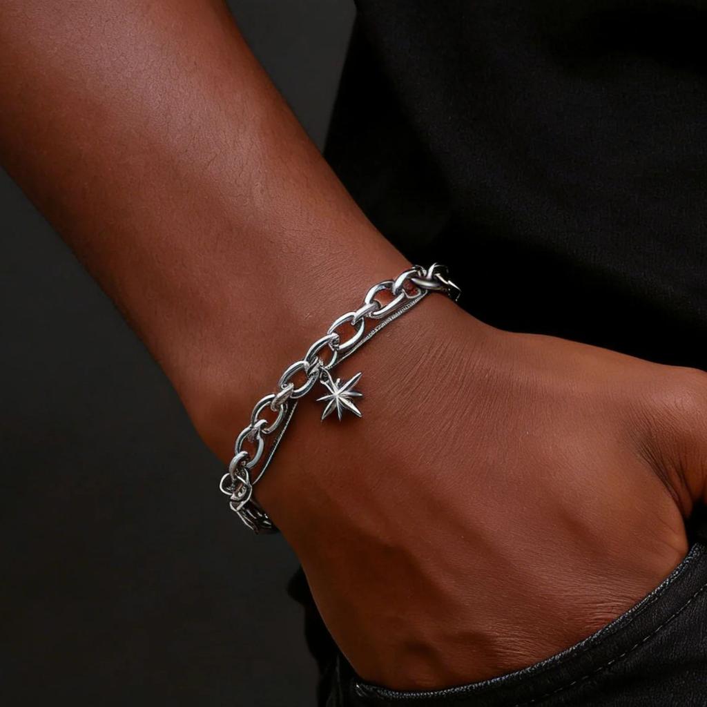 Retro Silver Color Stainless Steel Double-layer Bracelet for Men, Hip Hop Punk Style Star Charm Bracelets, Fashion Cool Jewelry