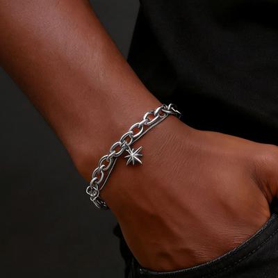 Retro Silver Color Stainless Steel Double-layer Bracelet for Men, Hip Hop Punk Style Star Charm Bracelets, Fashion Cool Jewelry
