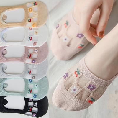 3/5 Pairs Set Floral Pattern Ultra Low Cut No Show Mesh Socks with Silicone Non-Slip for Flats