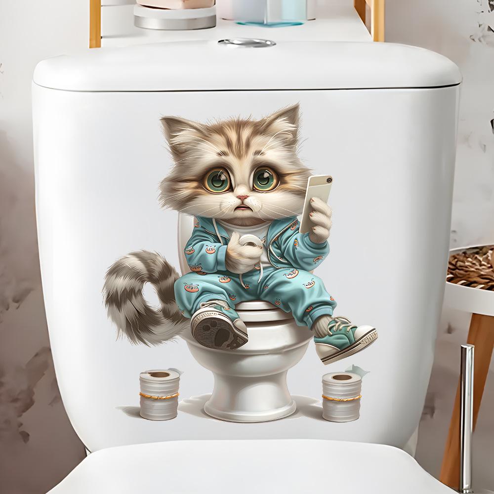 Funny Cat Playing Phone Toilet Sticker Self Adhesive Waterproof Bathroom Decor
