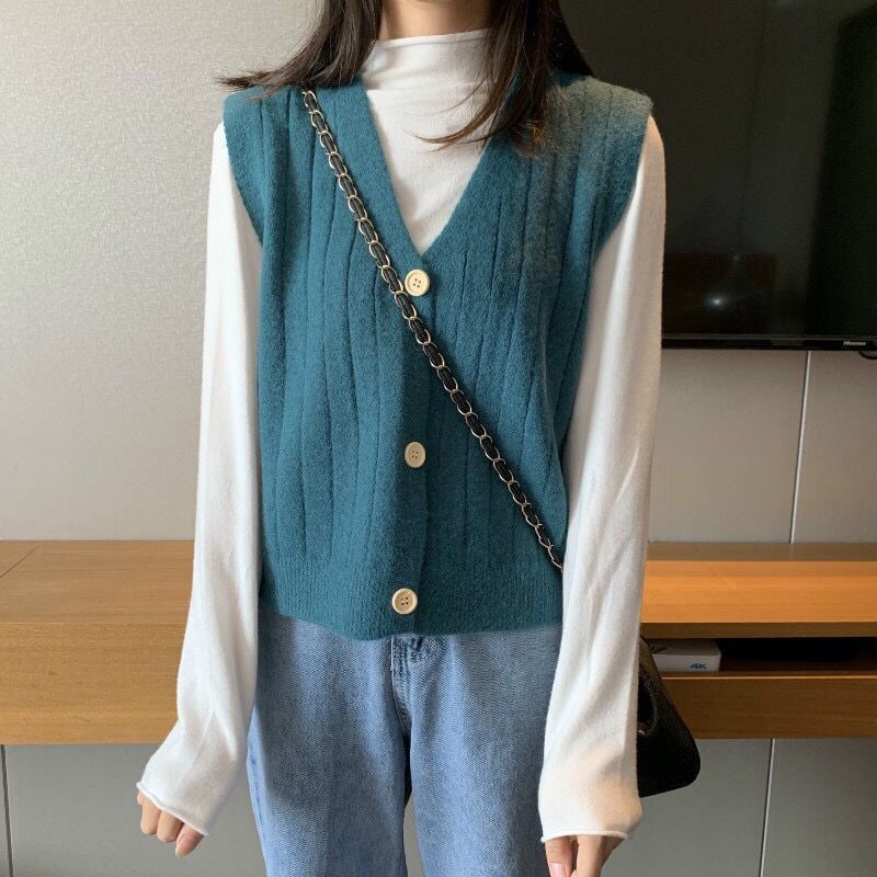 Women's Korean Style Loose Sleeveless Knitted Sweater Cardigan Vest Preppy Style Knitwear Cardigan Outerwear