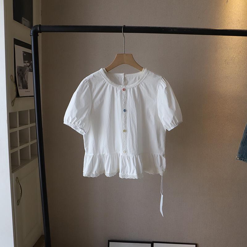 

[Bi Zheng] 2025 Summer Korean Style Lace Trim Round Neck Bubble Sleeve Women s Shirt One Size белый