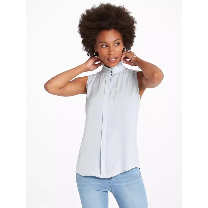 

Satin Silky Print Sleeveless Shirt Base Clothing 2025 Spring/Summer European and American plus Size Women s Clothes Vest Fungus Small Stand Collar Light blue LP