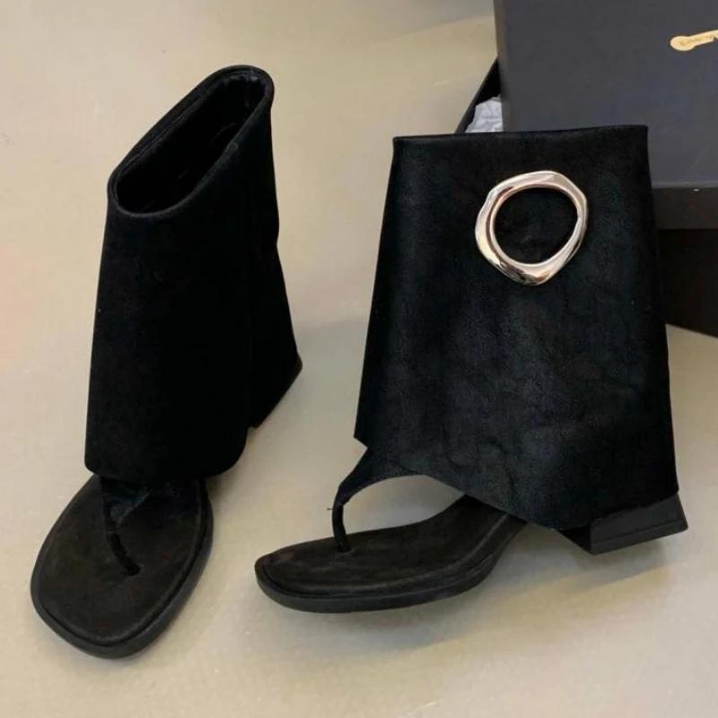 Fashion Fashion Metal Decoration Brand Ankle Boots Women High Quality Satin Clip Toe Modern Boot Retro Square Toe Flip-flops Summer Boot