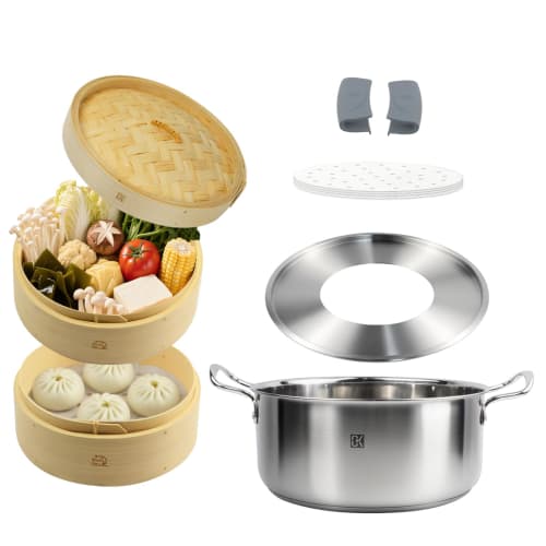 

[Supervised by a Culinary Expert] Deep, Handmade Bamboo Steamer with 50 Sheets of Steamer Paper, Set of 2 Steamers and 1 Lid, Includes Induction-Compa