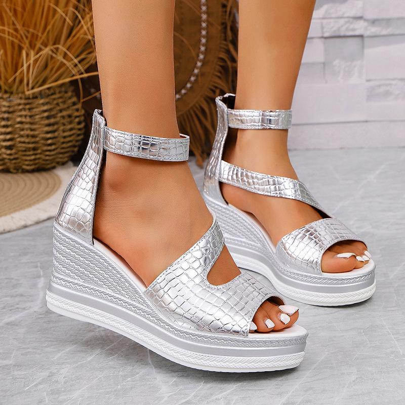 Leopard print large size wedge sandals European and American summer new fish mouth word with sandals